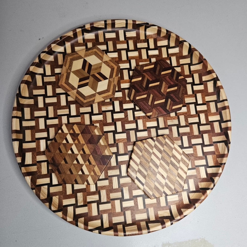 Handmade Geometric‎ Wood Parquetry Serving Tray and 4 Hexagon Coaster Set 5pc
